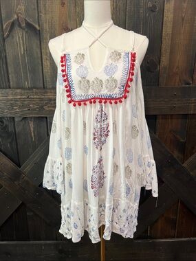 Bluette White Boho Tassel Crinkle Tunic Mini Dress S Off Shoulder Bell Sleeve